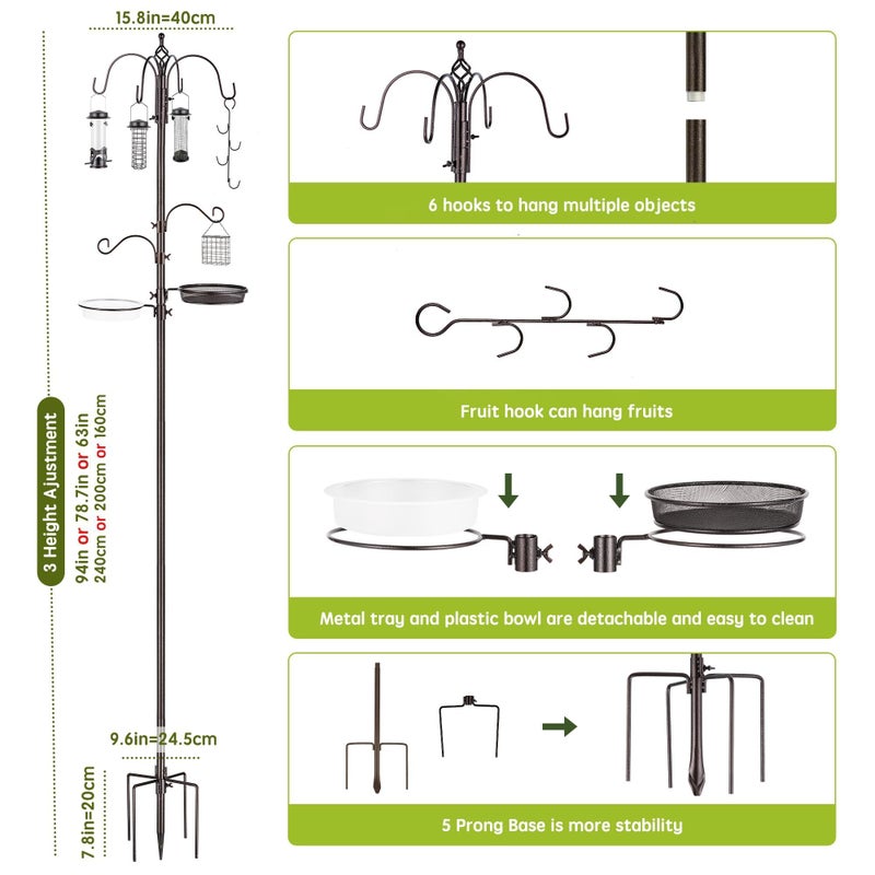 MIXXIDEA Bird Feeder Station with Suet Cage & Water Bowl Fruit Hook- Adjustable Pole, 6 Hanging Hooks for Wild Birds, Outdoor Garden Bird Feeding Kit - Image 3